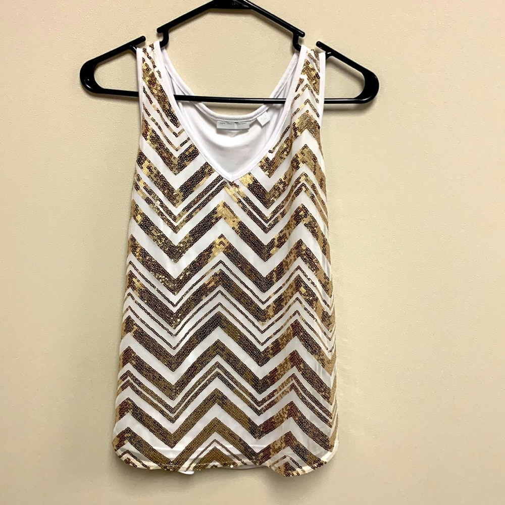 New York & Company, White Tank, Gold Sequin Embellished Chevron, Medium, NWT